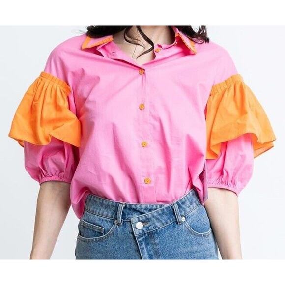 KARLIE RUFFLE Colorblock 1/2 Sleeve Top Pink Orange Blouse Women's Size Large - Picture 1 of 9
